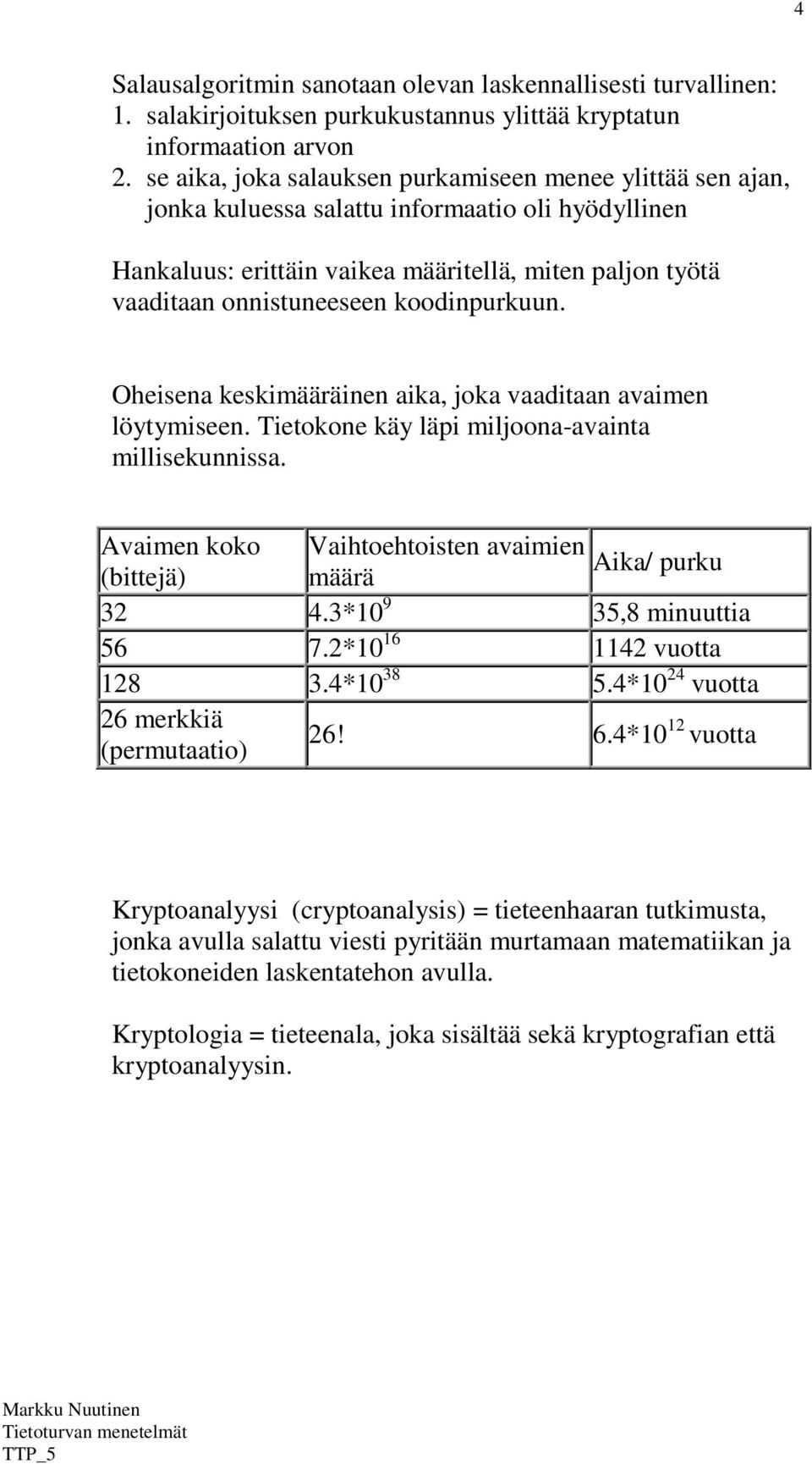 koodinpurkuun. Oheisena keskimääräinen aika, joka vaaditaan avaimen löytymiseen. Tietokone käy läpi miljoona-avainta millisekunnissa.