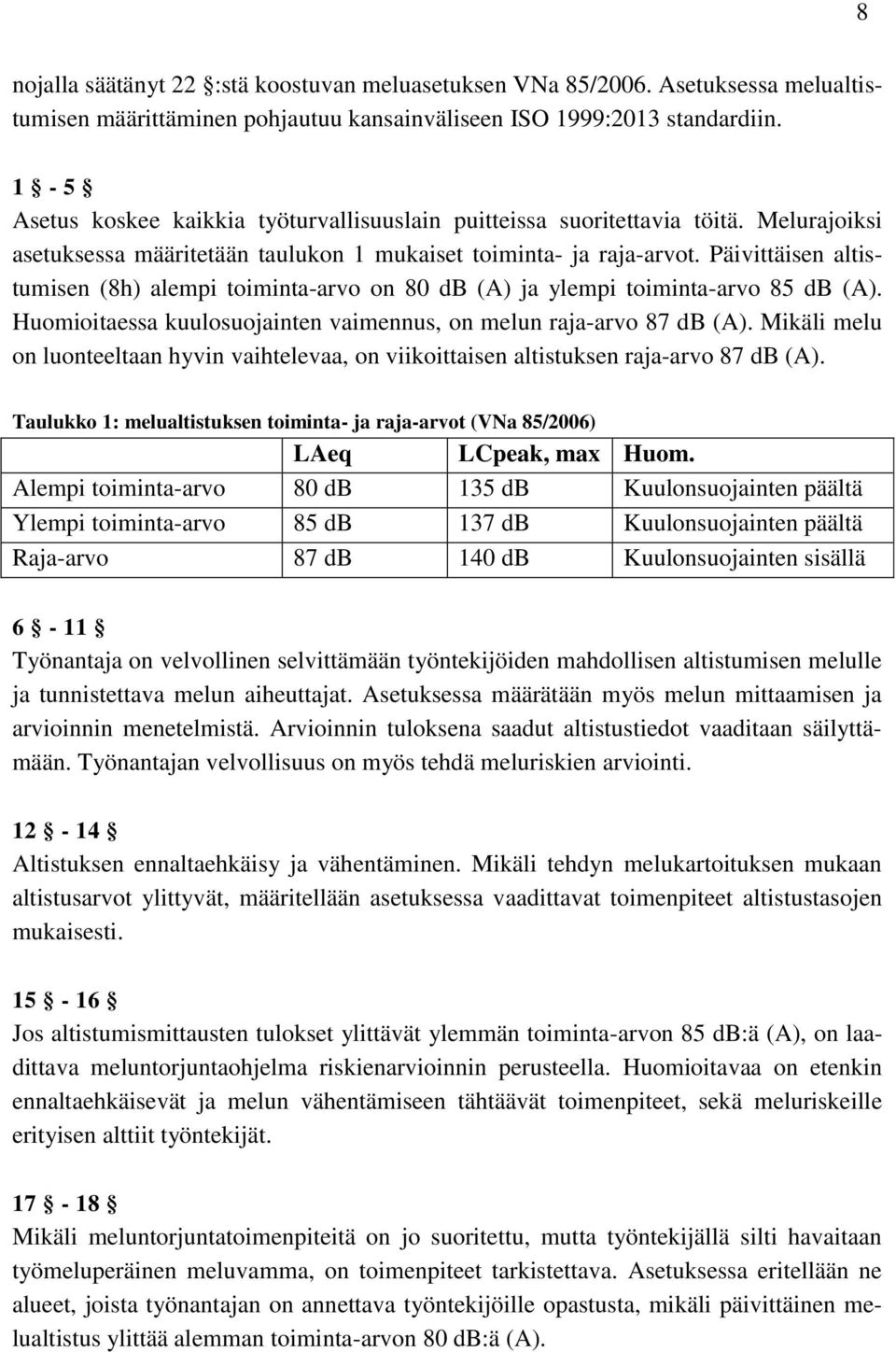 Päivittäisen altistumisen (8h) alempi toiminta-arvo on 80 db (A) ja ylempi toiminta-arvo 85 db (A). Huomioitaessa kuulosuojainten vaimennus, on melun raja-arvo 87 db (A).