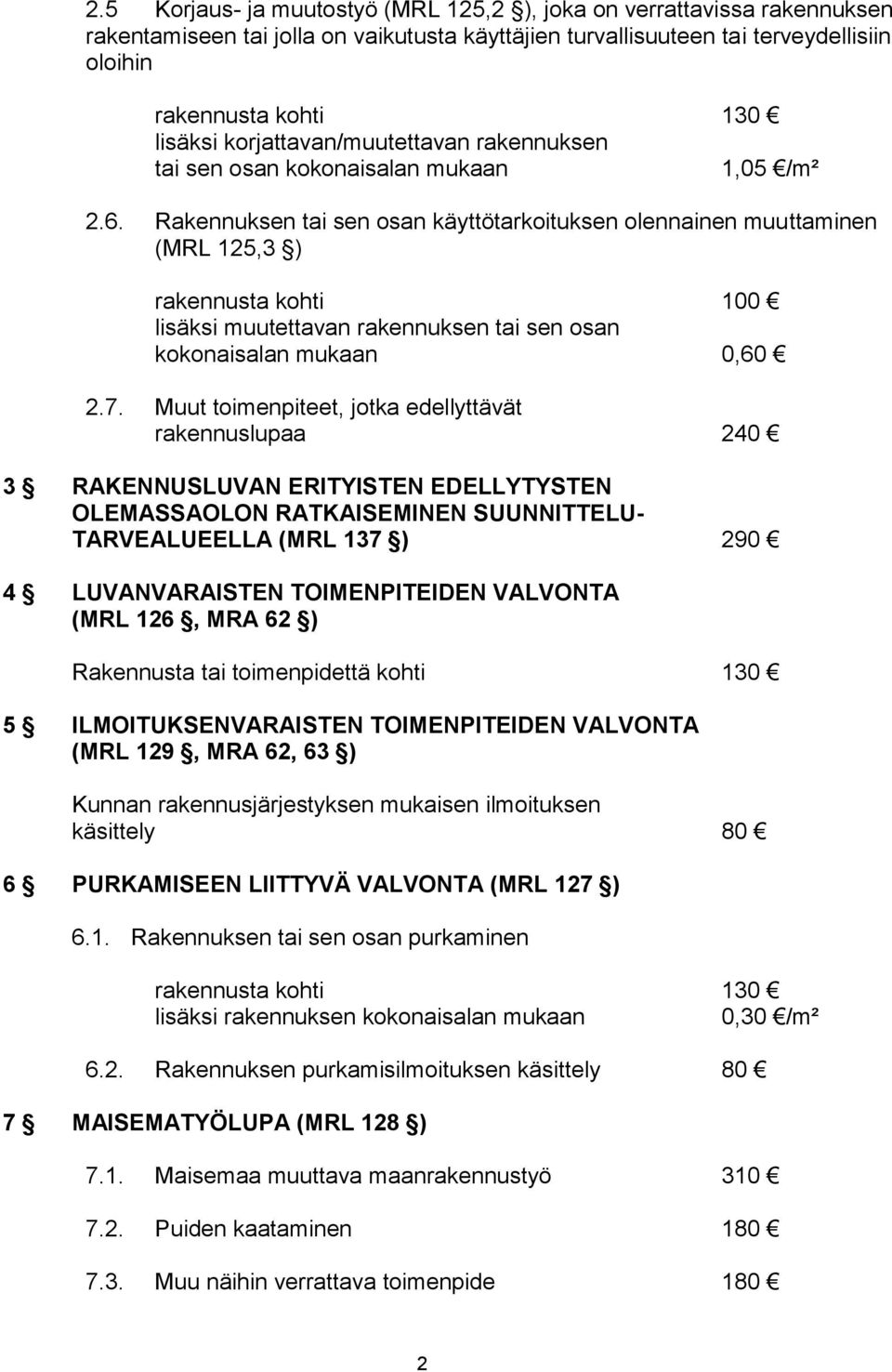 Rakennuksen tai sen osan käyttötarkoituksen olennainen muuttaminen (MRL 125,3 ) rakennusta kohti 100 lisäksi muutettavan rakennuksen tai sen osan kokonaisalan mukaan 0,60 2.7.