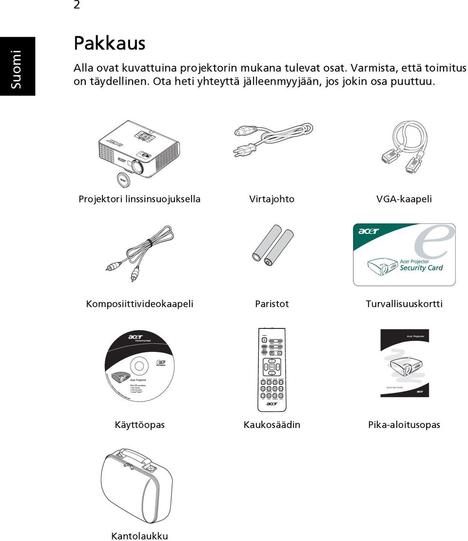 Ota heti yhteyttä jälleenmyyjään, jos jokin osa puuttuu.