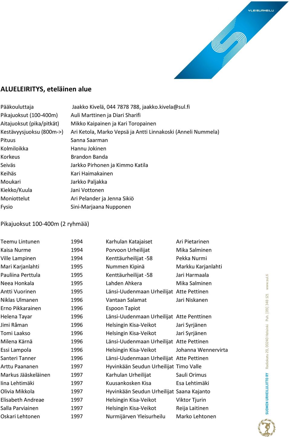 Nummela) Pituus Sanna Saarman Kolmiloikka Hannu Jokinen Korkeus Brandon Banda Seiväs Jarkko Pirhonen ja Kimmo Katila Keihäs Kari Haimakainen Moukari Jarkko Paljakka Kiekko/Kuula Jani Vottonen