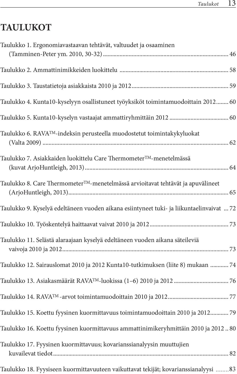 .. 60 Taulukko 6. RAVA TM -indeksin perusteella muodostetut toimintakykyluokat (Valta 2009)... 62 Taulukko 7. Asiakkaiden luokittelu Care Thermometer TM -menetelmässä (kuvat ArjoHuntleigh, 2013).
