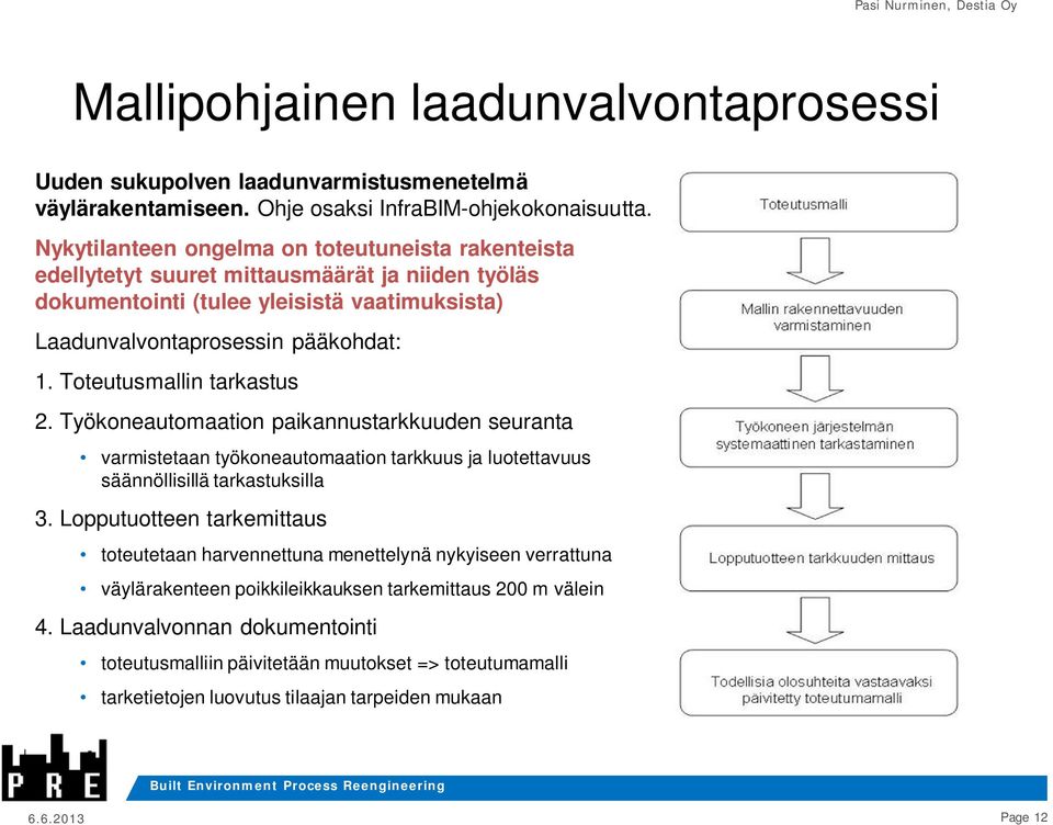 Toteutusmallin tarkastus 2. Työkoneautomaation paikannustarkkuuden seuranta varmistetaan työkoneautomaation tarkkuus ja luotettavuus säännöllisillä tarkastuksilla 3.