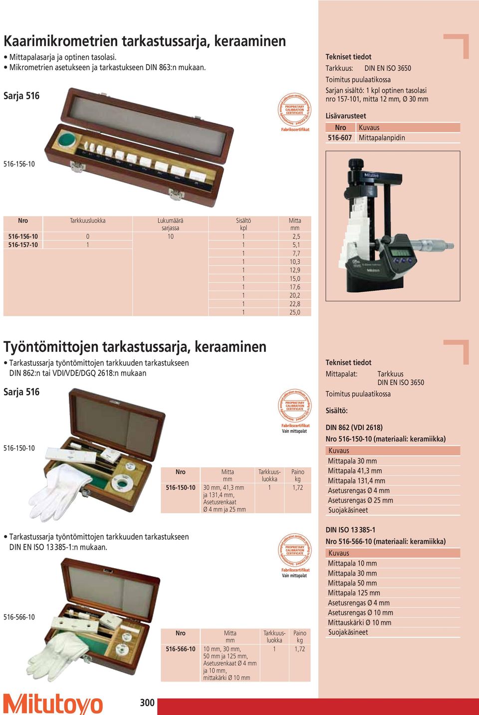 Sisältö kpl Mitta 516-156-10 0 10 1 2,5 516-157-10 1 1 5,1 1 7,7 1 10,3 1 12,9 1 15,0 1 17,6 1 20,2 1 22,8 1 25,0 Työntömittojen tarkastussarja, keraaminen Tarkastussarja työntömittojen tarkkuuden