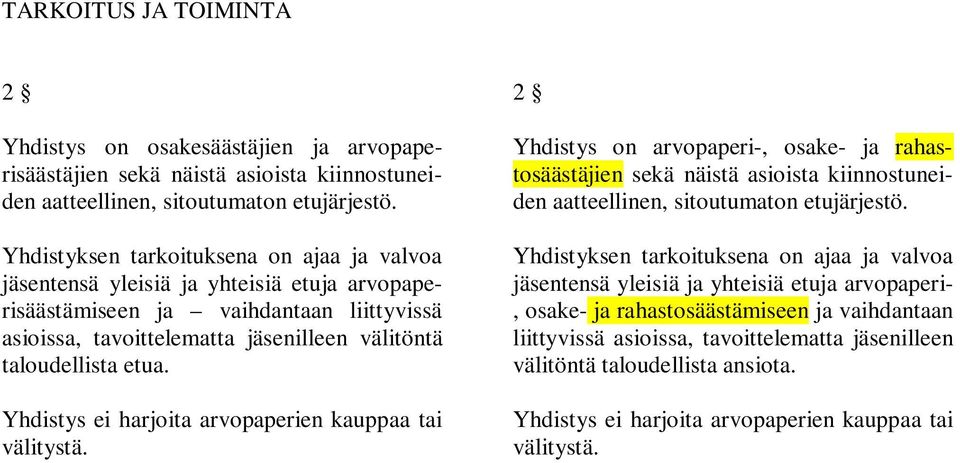 Yhdistys ei harjoita arvopaperien kauppaa tai välitystä. 2 Yhdistys on arvopaperi-, osake- ja rahastosäästäjien sekä näistä asioista kiinnostuneiden aatteellinen, sitoutumaton etujärjestö.