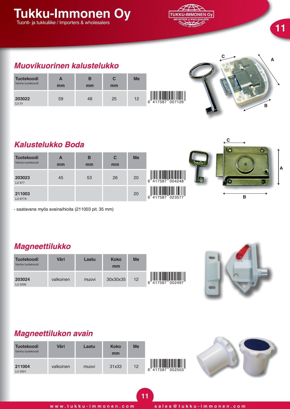 6 417587 023577 B A - saatavana myös avainaihioita (211003 pit. 35 ) Magneettilukko Tuotekoodi Väri Laatu Koko Me 203024 valkoinen muovi 30x30x35 12.