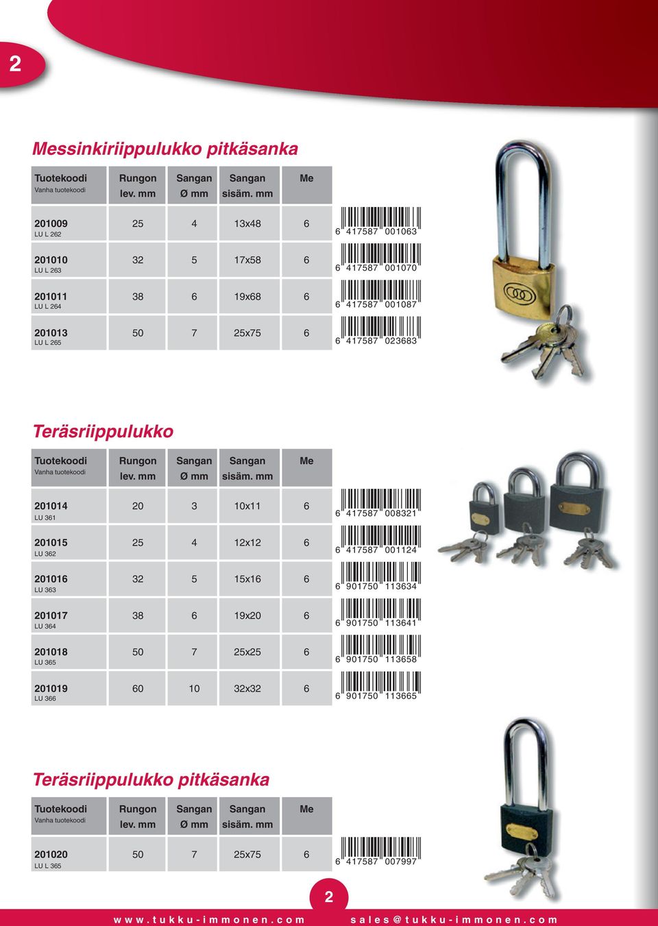 6 417587 023683 Teräsriippulukko 201014 20 3 10x11 6 LU 361 201015 25 4 12x12 6 LU 362 201016 32 5 15x16 6 LU 363 201017 38 6 19x20 6 LU 364 201018 50 7 25x25 6 LU 365 201019 60 10