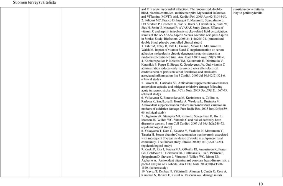Effects of vitamin C and aspirin in ischemic stroke-related lipid peroxidation: results of the AVASAS (Aspirin Versus Ascorbic acid plus Aspirin in Stroke) Study. Biofactors. 2005;24(1-4):265-74.