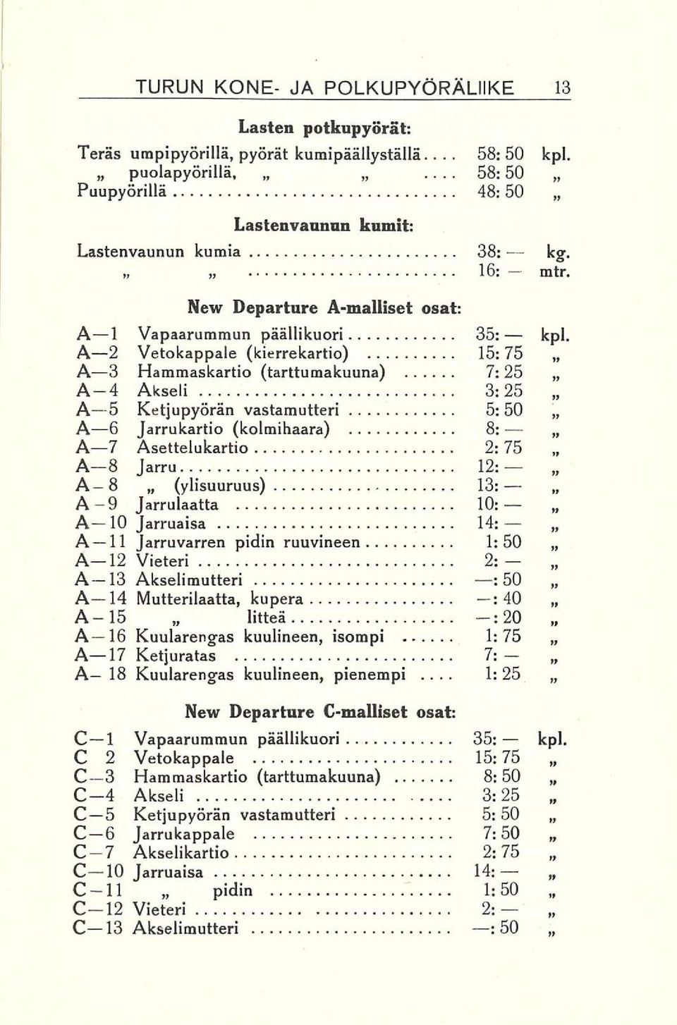 A2 Vetokappale (kierrekartio) 15:75 A3 Hammaskartio (tarttumakuuna) 7:25 A4 Akseli 3:25 As Ketjupyörän vastamutteri 5: 50 A6 Jarrukartio (kolmihaara) 8: A7 Asettelukartio 2: 75 AB Jarru 12:- A 8