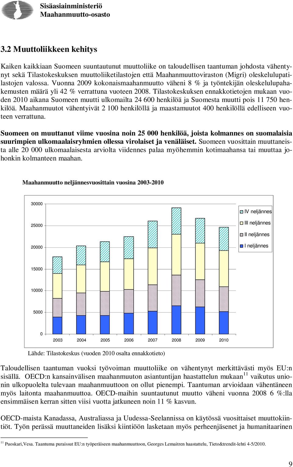 Tilastokeskuksen ennakkotietojen mukaan vuoden 2010 aikana Suomeen muutti ulkomailta 24 600 henkilöä ja Suomesta muutti pois 11 750 henkilöä.