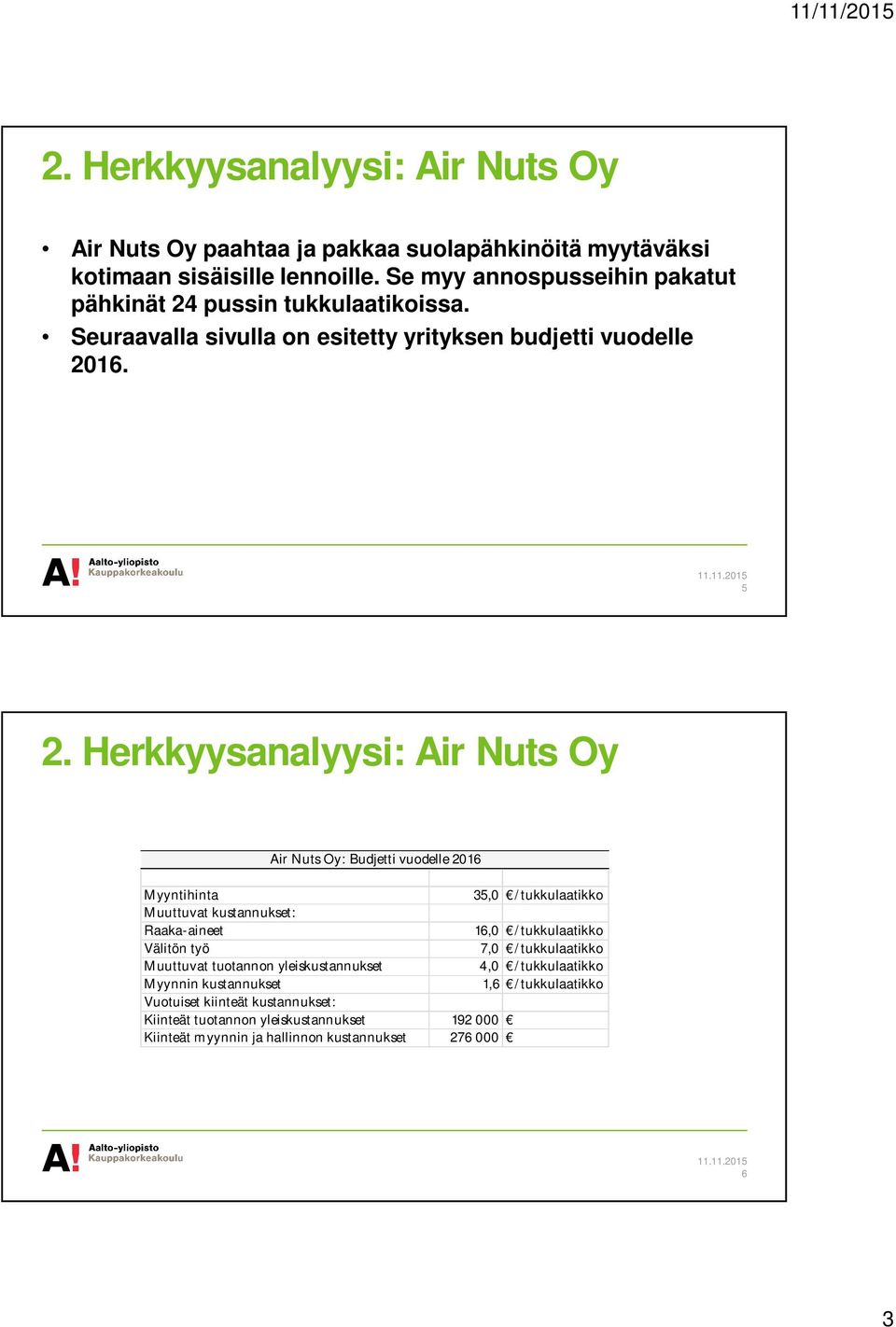 Herkkyysanalyysi: Air Nuts Oy Air Nuts Oy: Budjetti vuodelle 2016 Myyntihinta 35,0 /tukkulaatikko Muuttuvat kustannukset: Raaka-aineet 16,0 /tukkulaatikko Välitön työ