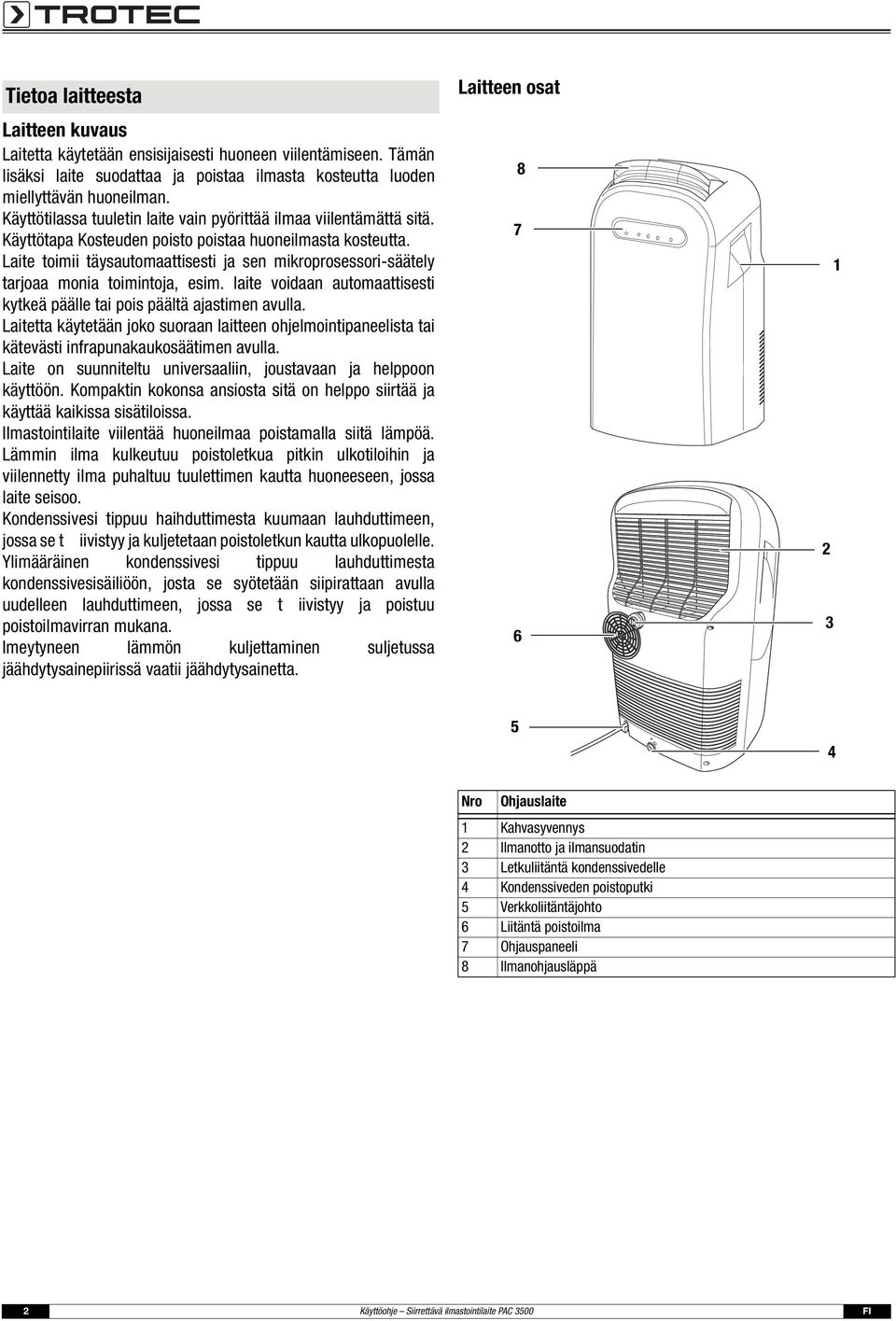 Laite toimii täysautomaattisesti ja sen mikroprosessori-säätely tarjoaa monia toimintoja, esim. laite voidaan automaattisesti kytkeä päälle tai pois päältä ajastimen avulla.