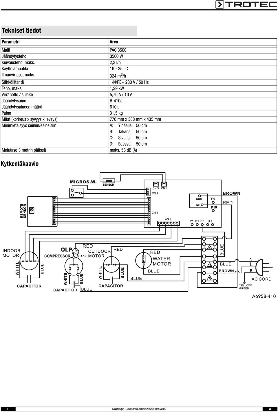 1,29 kw Virranotto / sulake 5,76 A / 10 A Jäähdytysaine R-410a Jäähdytysaineen määrä 610 g Paino 31,5 kg Mitat (korkeus x syvyys x leveys) 770