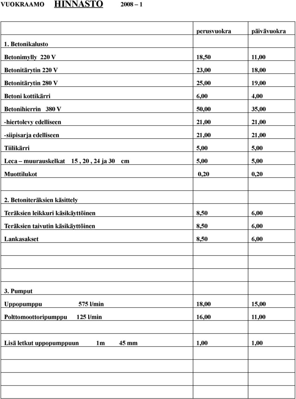 35,00 -hiertolevy edelliseen 21,00 21,00 -siipisarja edelliseen 21,00 21,00 Tiilikärri 5,00 5,00 Leca muurauskelkat 15, 20, 24 ja 30 cm 5,00 5,00 Muottilukot 0,20