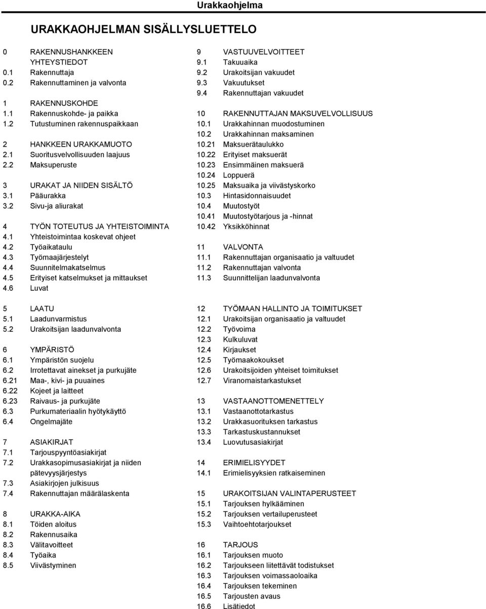 2 Urakkahinnan maksaminen 2 HANKKEEN URAKKAMUOTO 10.21 Maksuerätaulukko 2.1 Suoritusvelvollisuuden laajuus 10.22 Erityiset maksuerät 2.2 Maksuperuste 10.23 Ensimmäinen maksuerä 10.