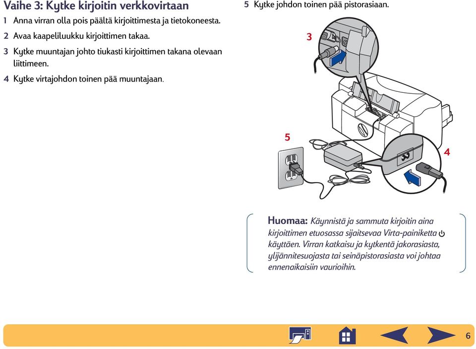 4 Kytke virtajohdon toinen pää muuntajaan. 5 Kytke johdon toinen pää pistorasiaan.