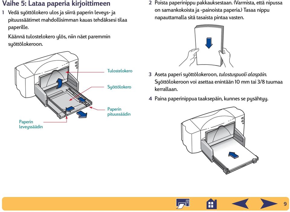 (Varmista, että nipussa on samankokoista ja -painoista paperia.) Tasaa nippu napauttamalla sitä tasaista pintaa vasten.