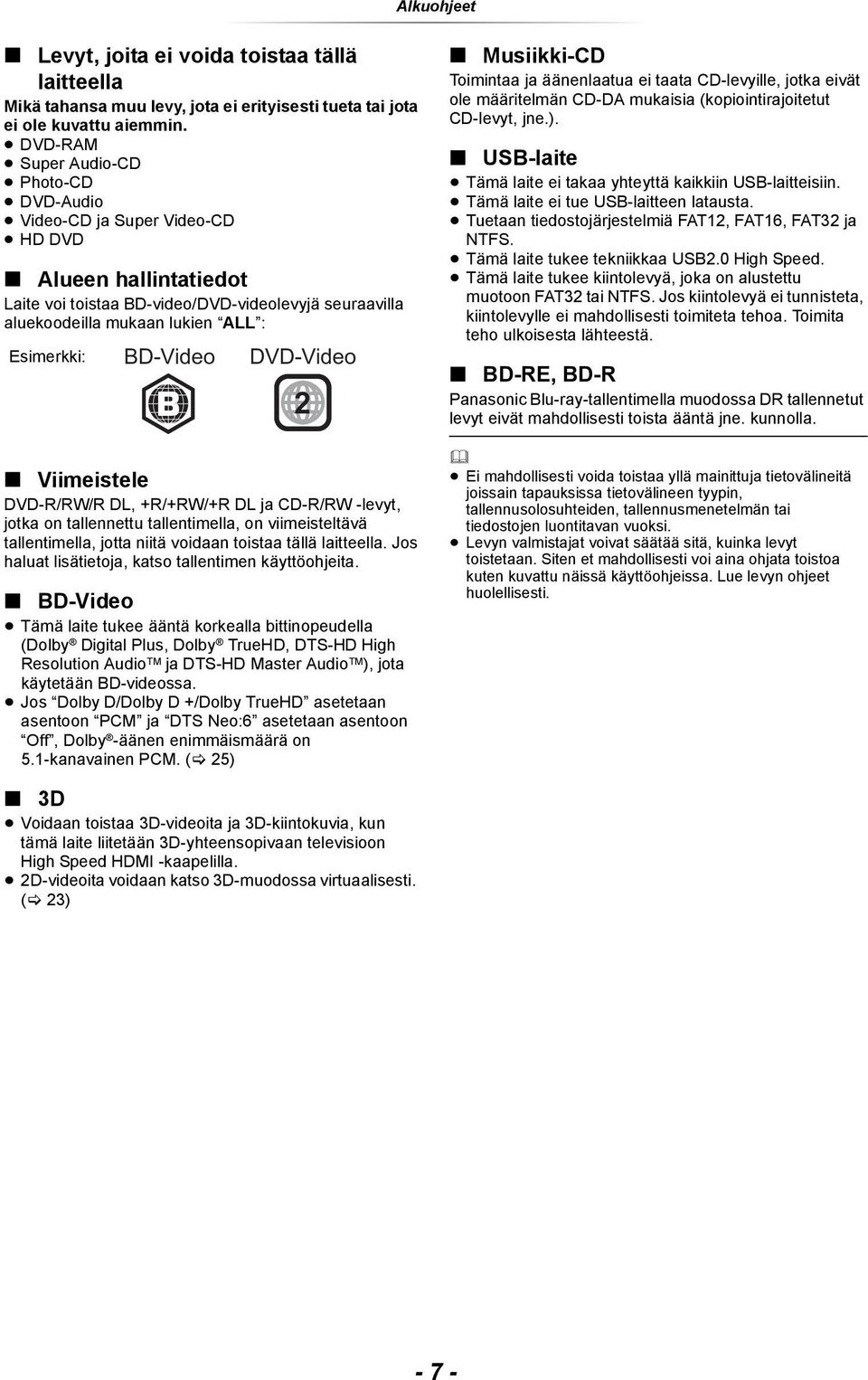 BD-Video DVD-Video Viimeistele DVD-R/RW/R DL, +R/+RW/+R DL ja CD-R/RW -levyt, jotka on tallennettu tallentimella, on viimeisteltävä tallentimella, jotta niitä voidaan toistaa tällä laitteella.