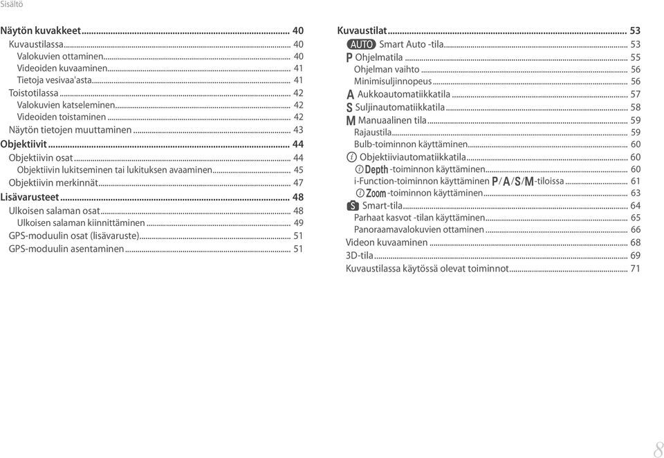 .. 47 Lisävarusteet... 48 Ulkoisen salaman osat... 48 Ulkoisen salaman kiinnittäminen... 49 GPS-moduulin osat (lisävaruste)... 51 GPS-moduulin asentaminen... 51 Kuvaustilat... 53 t Smart Auto -tila.