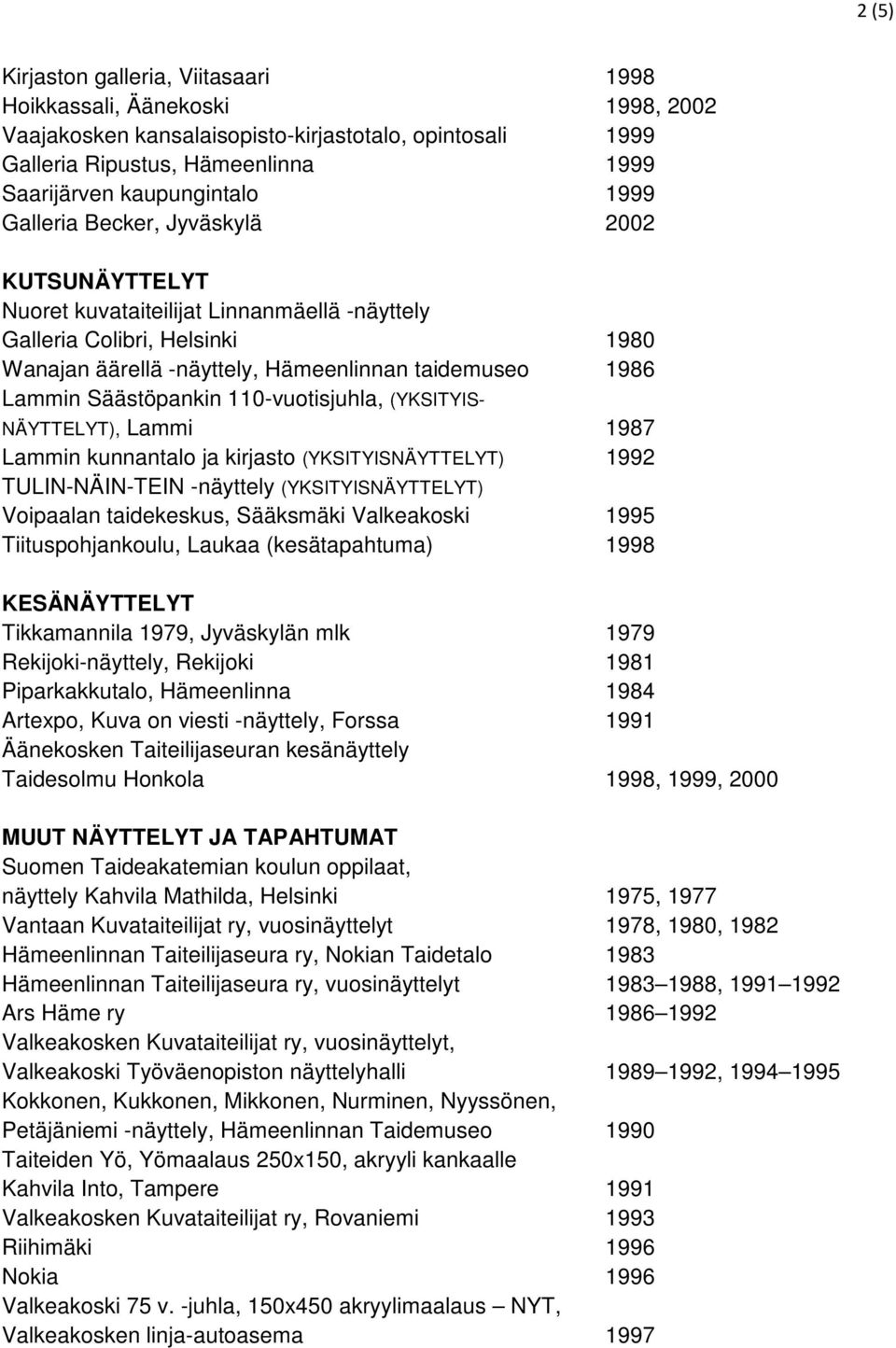 Säästöpankin 110-vuotisjuhla, (YKSITYIS- NÄYTTELYT), Lammi 1987 Lammin kunnantalo ja kirjasto (YKSITYISNÄYTTELYT) 1992 TULIN-NÄIN-TEIN -näyttely (YKSITYISNÄYTTELYT) Voipaalan taidekeskus, Sääksmäki