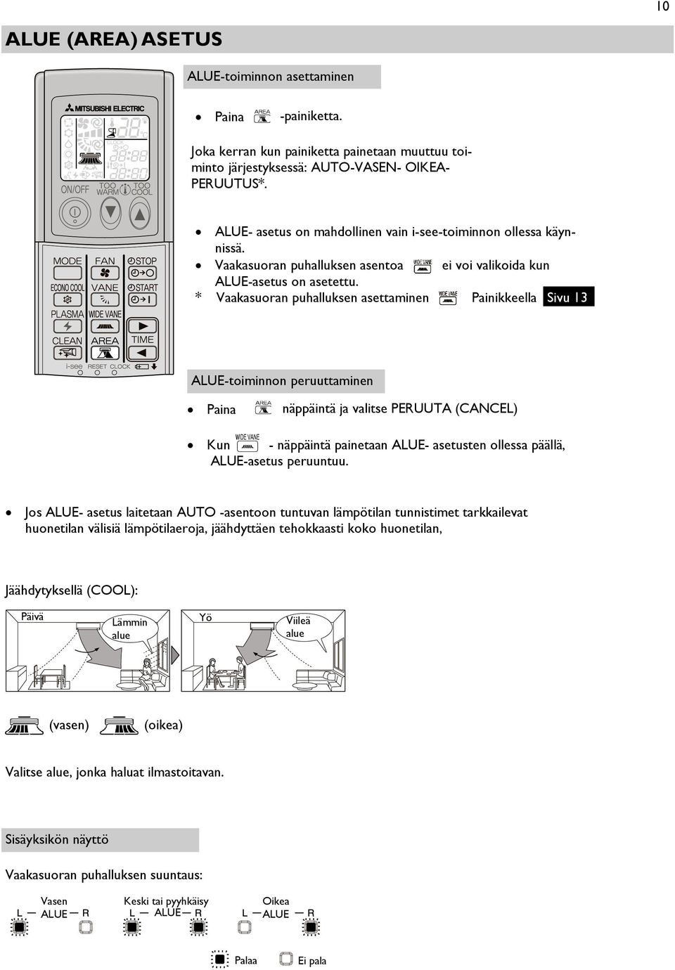* Vaakasuoran puhalluksen asettaminen Painikkeella Sivu 13 ALUE-toiminnon peruuttaminen Paina näppäintä ja valitse PERUUTA (CANCEL) Kun - näppäintä painetaan ALUE- asetusten ollessa päällä,