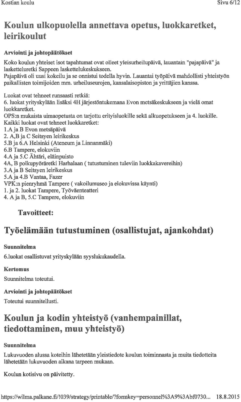 urheiluseurojen, kansalaisopiston ja yrittäjien kanssa. Luokat ovat tehneet runsaasti retkiä: 6. luokat yrityskylään lisäksi 4Hjärjestöntukemana Evon metsäkeskukseen ja vielä omat luokkaretket.