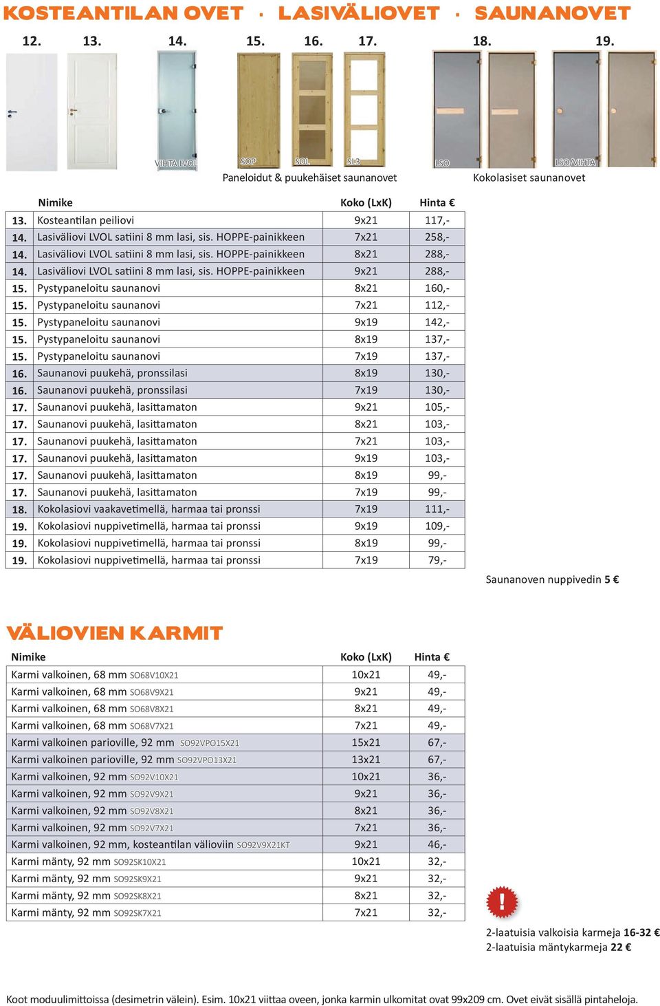 Lasiväliovi LVOL satiini 8 mm lasi, sis. HOPPE-painikkeen 9x21 288,- 15. Pystypaneloitu saunanovi 8x21 160,- 15. Pystypaneloitu saunanovi 7x21 112,- 15. Pystypaneloitu saunanovi 9x19 142,- 15.