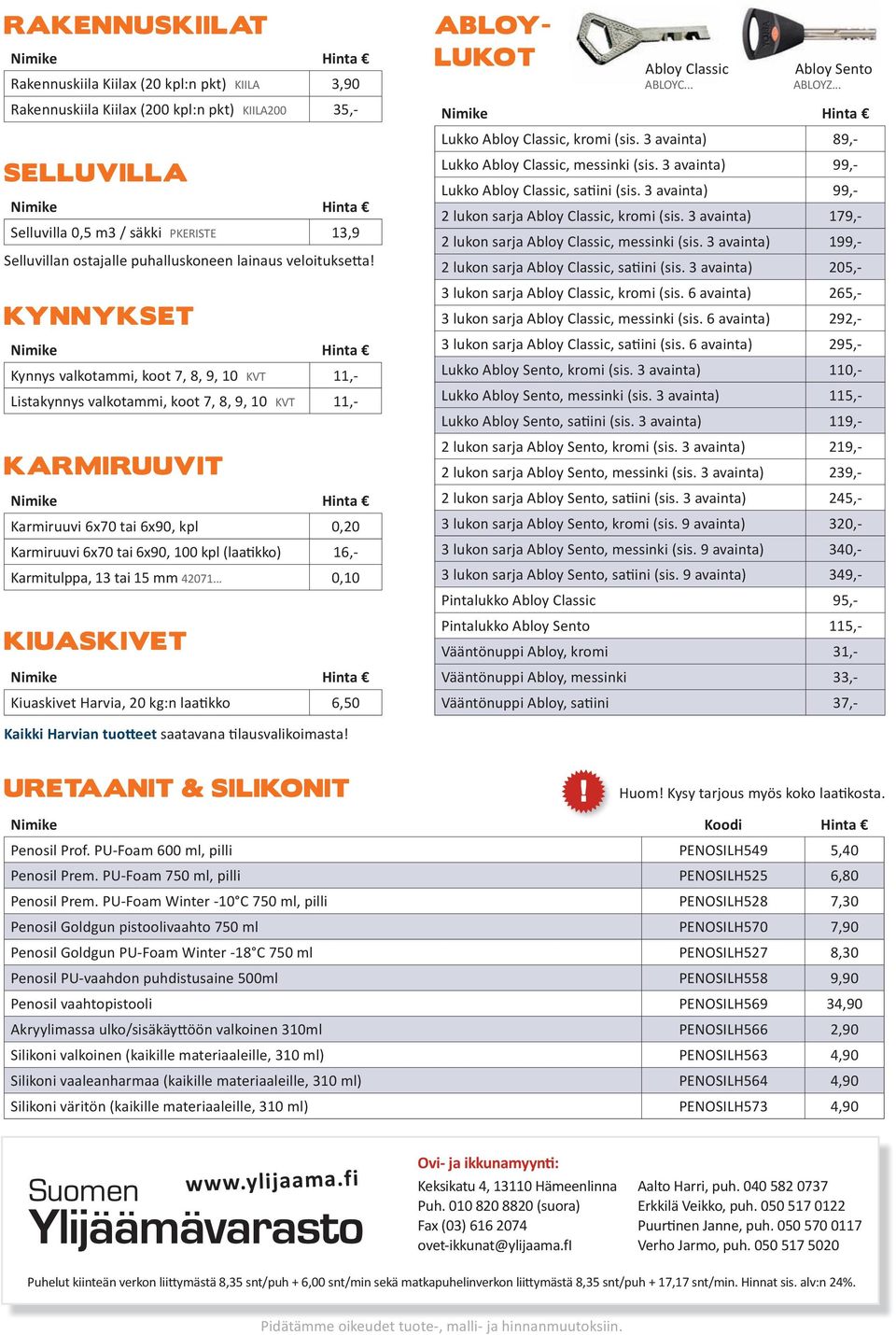 KYNNYKSET Kynnys valkotammi, koot 7, 8, 9, 10 KVT 11,- Listakynnys valkotammi, koot 7, 8, 9, 10 KVT 11,- KARMIRUUVIT Karmiruuvi 6x70 tai 6x90, kpl 0,20 Karmiruuvi 6x70 tai 6x90, 100 kpl (laatikko)