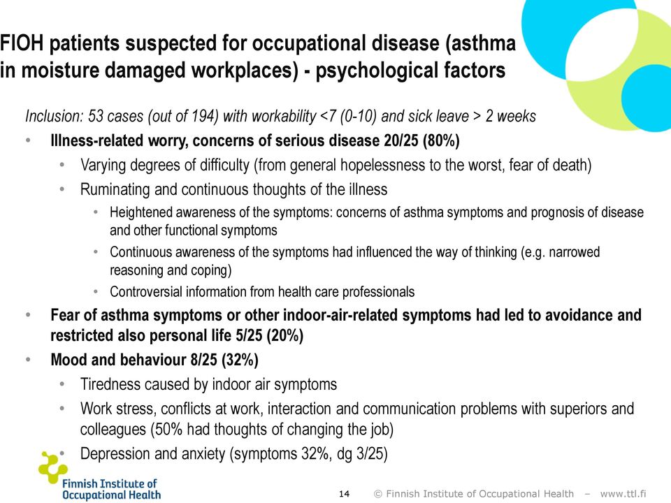 Heightened awareness of the symptoms: concerns of asthma symptoms and prognosis of disease and other functional symptoms Continuous awareness of the symptoms had influenced the way of thinking (e.g.