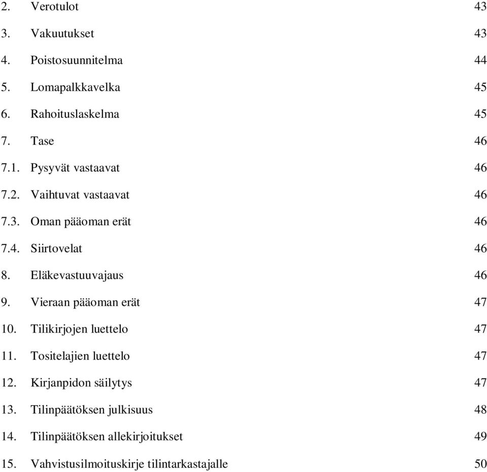 Eläkevastuuvajaus 46 9. Vieraan pääoman erät 47 10. Tilikirjojen luettelo 47 11. Tositelajien luettelo 47 12.