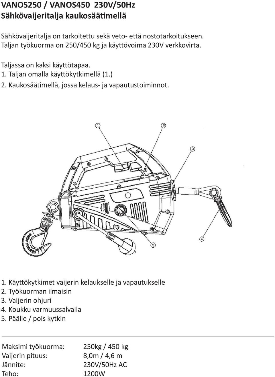 Kaukosäätimellä, jossa kelaus- ja vapautustoiminnot. 1. Käyttökytkimet vaijerin kelaukselle ja vapautukselle 2. Työkuorman ilmaisin 3.