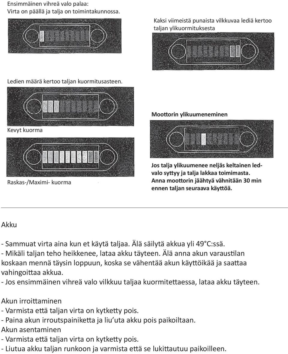 Anna moottorin jäähtyä vähnitään 30 min ennen taljan seuraava käyttöä. Akku - Sammuat virta aina kun et käytä taljaa. Älä säilytä akkua yli 49 C:ssä.