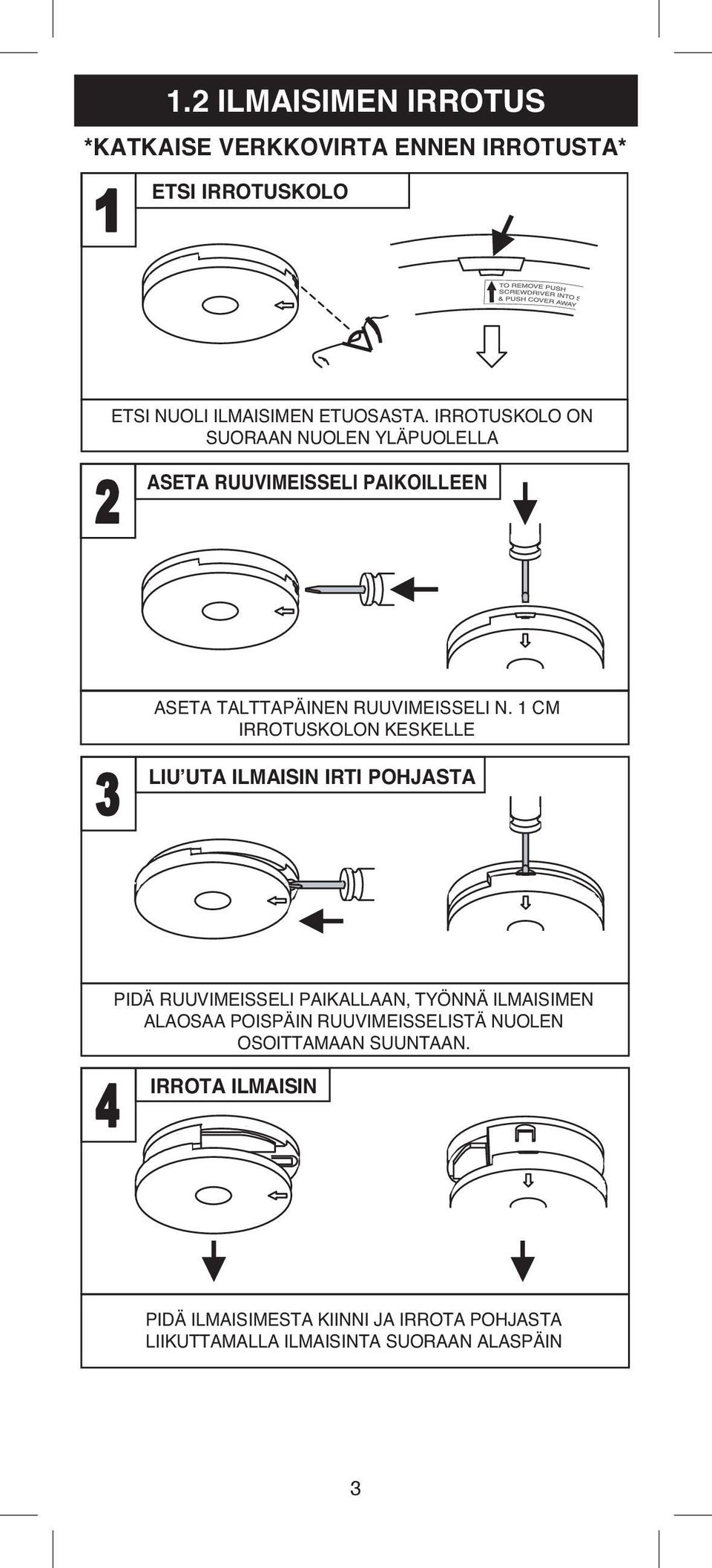 1 CM IRROTUSKOLON KESKELLE LIU UTA ILMAISIN IRTI POHJASTA PIDÄ RUUVIMEISSELI PAIKALLAAN, TYÖNNÄ ILMAISIMEN ALAOSAA POISPÄIN