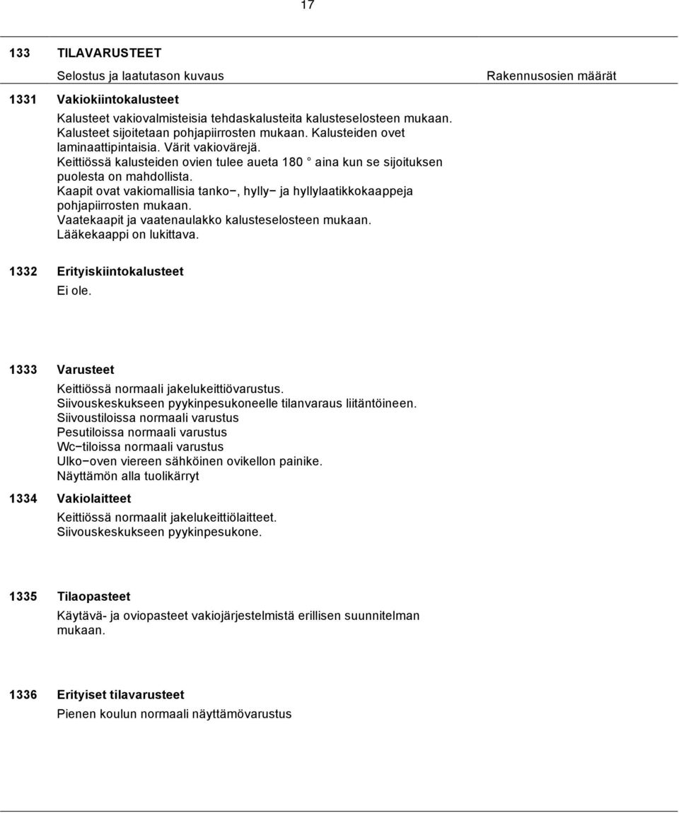 Vaatekaapit ja vaatenaulakko kalusteselosteen mukaan. Lääkekaappi on lukittava. 1332 Erityiskiintokalusteet 1333 Varusteet Keittiössä normaali jakelukeittiövarustus.