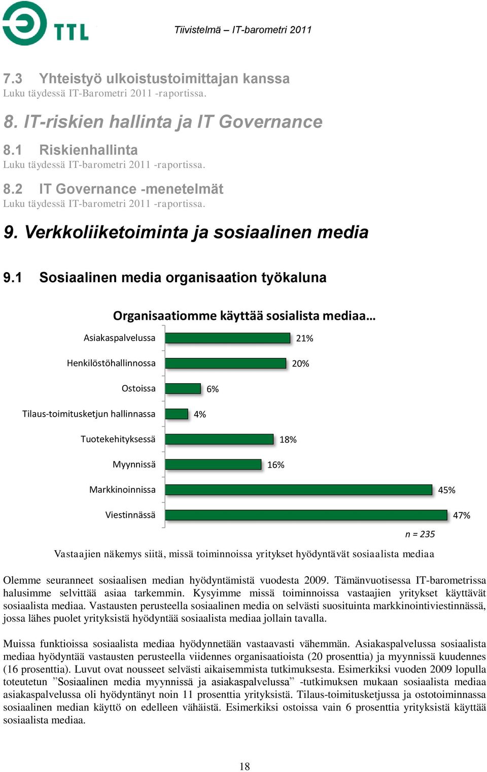 1 Sosiaalinen media organisaation työkaluna Organisaatiomme käyttää sosialista mediaa Asiakaspalvelussa Henkilöstöhallinnossa 21% 20% Ostoissa 6% Tilaus-toimitusketjun hallinnassa 4%