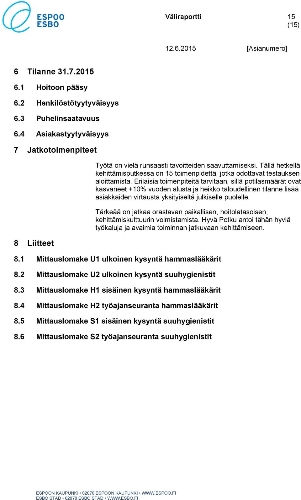 Tällä hetkellä kehittämisputkessa on 15 toimenpidettä, jotka odottavat testauksen aloittamista.