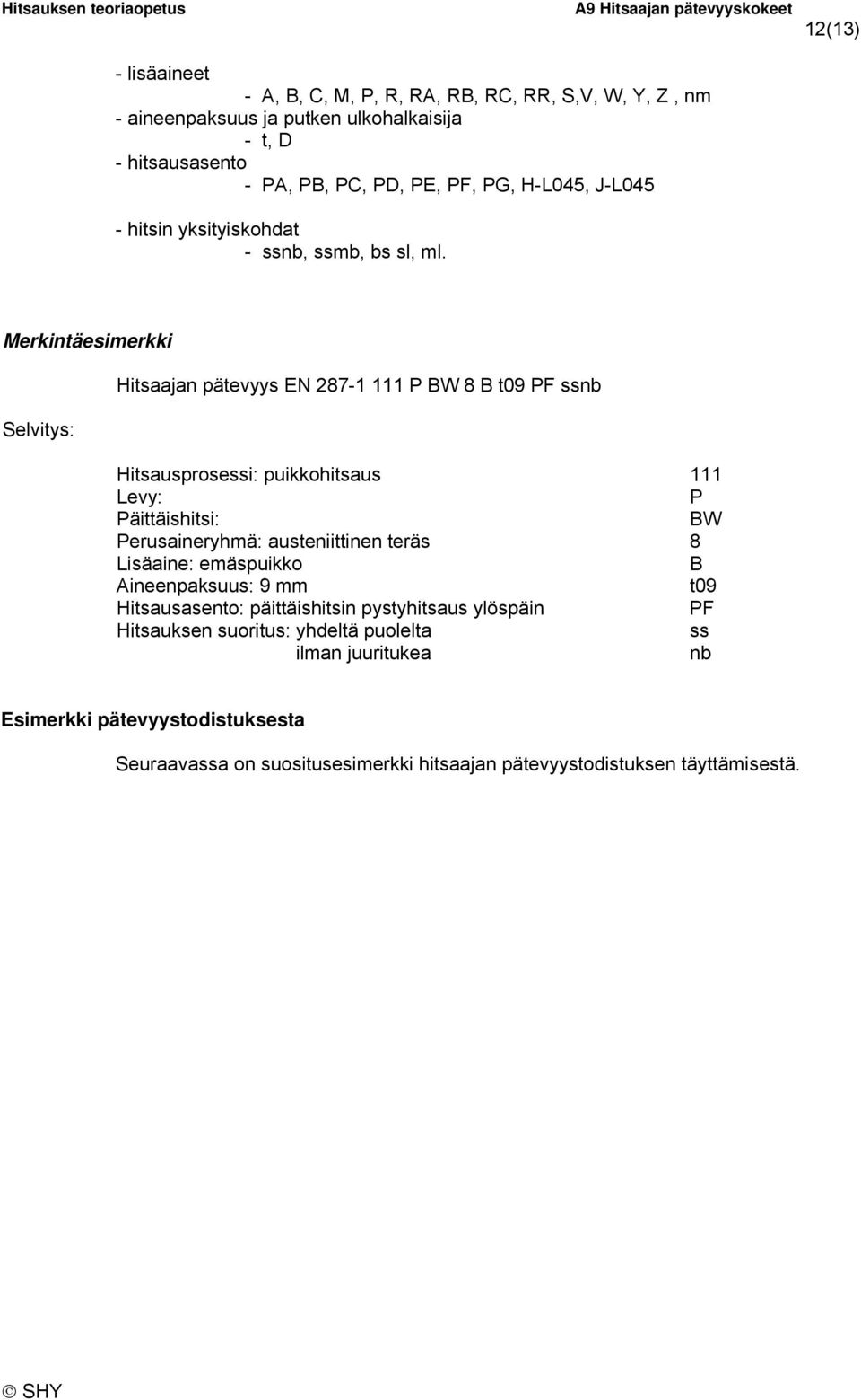 Merkintäesimerkki Hitsaajan pätevyys EN 287-1 111 P BW 8 B t09 PF ssnb Selvitys: Hitsausprosessi: puikkohitsaus 111 Levy: P Päittäishitsi: BW Perusaineryhmä: