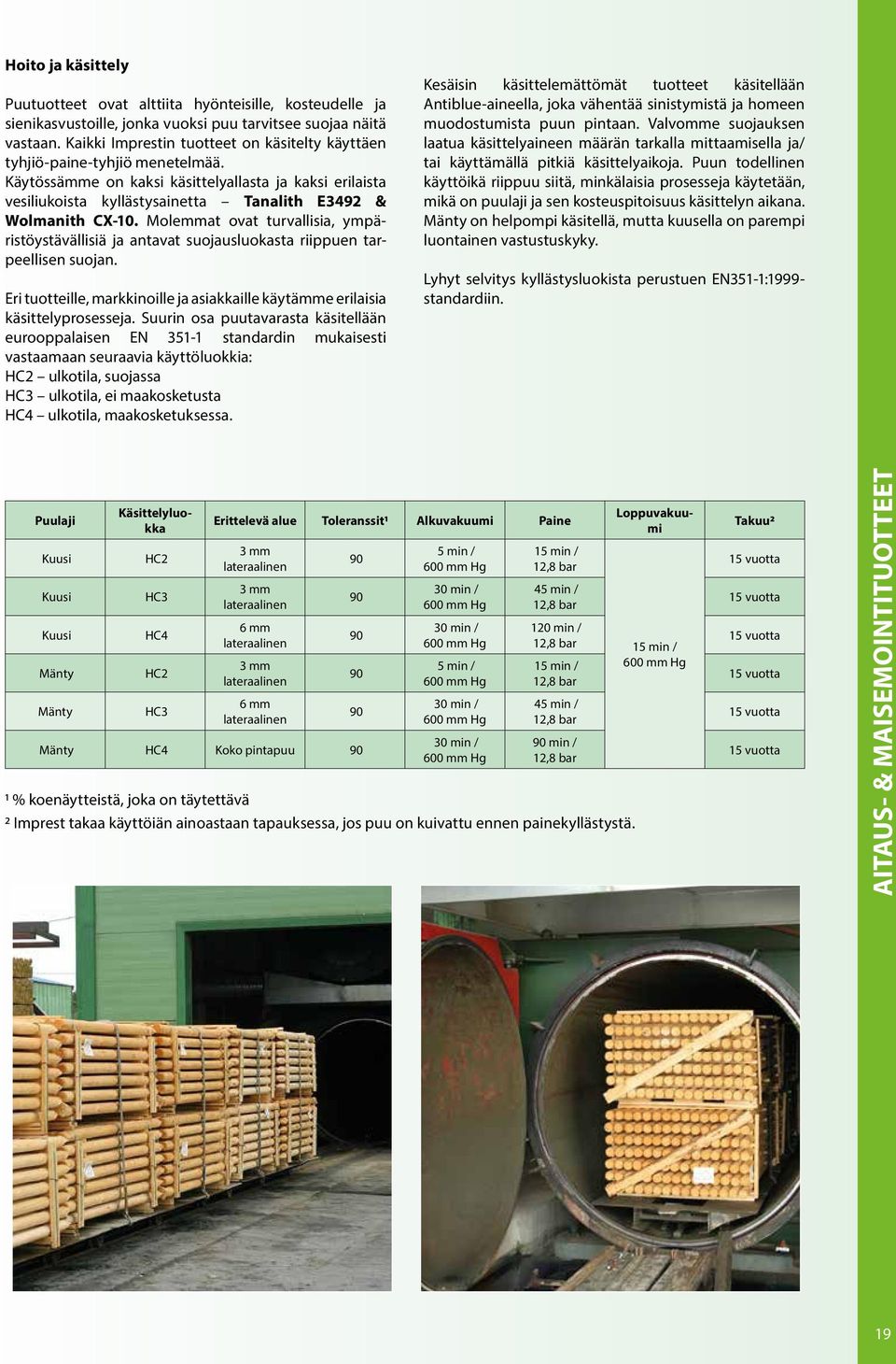 Käytössämme on kaksi käsittelyallasta ja kaksi erilaista vesiliukoista kyllästysainetta Tanalith E3492 & Wolmanith CX-10.