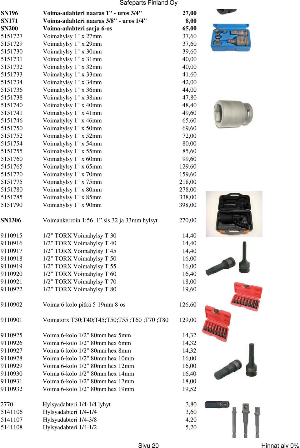 Voimahylsy 1" x 36mm 44,00 5151738 Voimahylsy 1" x 38mm 47,80 5151740 Voimahylsy 1" x 40mm 48,40 5151741 Voimahylsy 1" x 41mm 49,60 5151746 Voimahylsy 1" x 46mm 65,60 5151750 Voimahylsy 1" x 50mm