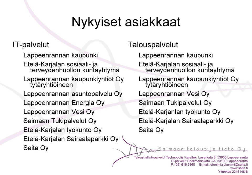 Etelä-Karjalan Sairaalaparkki Oy Saita Oy Talouspalvelut Lappeenrannan kaupunki Etelä-Karjalan sosiaali- ja terveydenhuollon kuntayhtymä