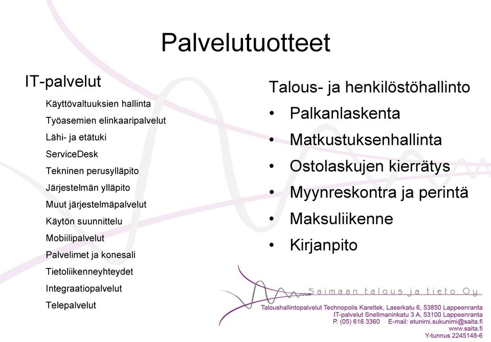 Mobiilipalvelut Palvelimet ja konesali Tietoliikenneyhteydet Integraatiopalvelut Telepalvelut Talous- ja