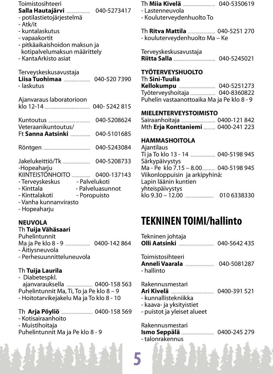 .. 040-5245021 Terveyskeskusavustaja Liisa Tuohimaa... 040-520 7390 - laskutus Ajanvaraus laboratorioon klo 12-14... 040-5242 815 Kuntoutus... 040-5208624 Veteraanikuntoutus/ Ft Sanna Aatsinki.