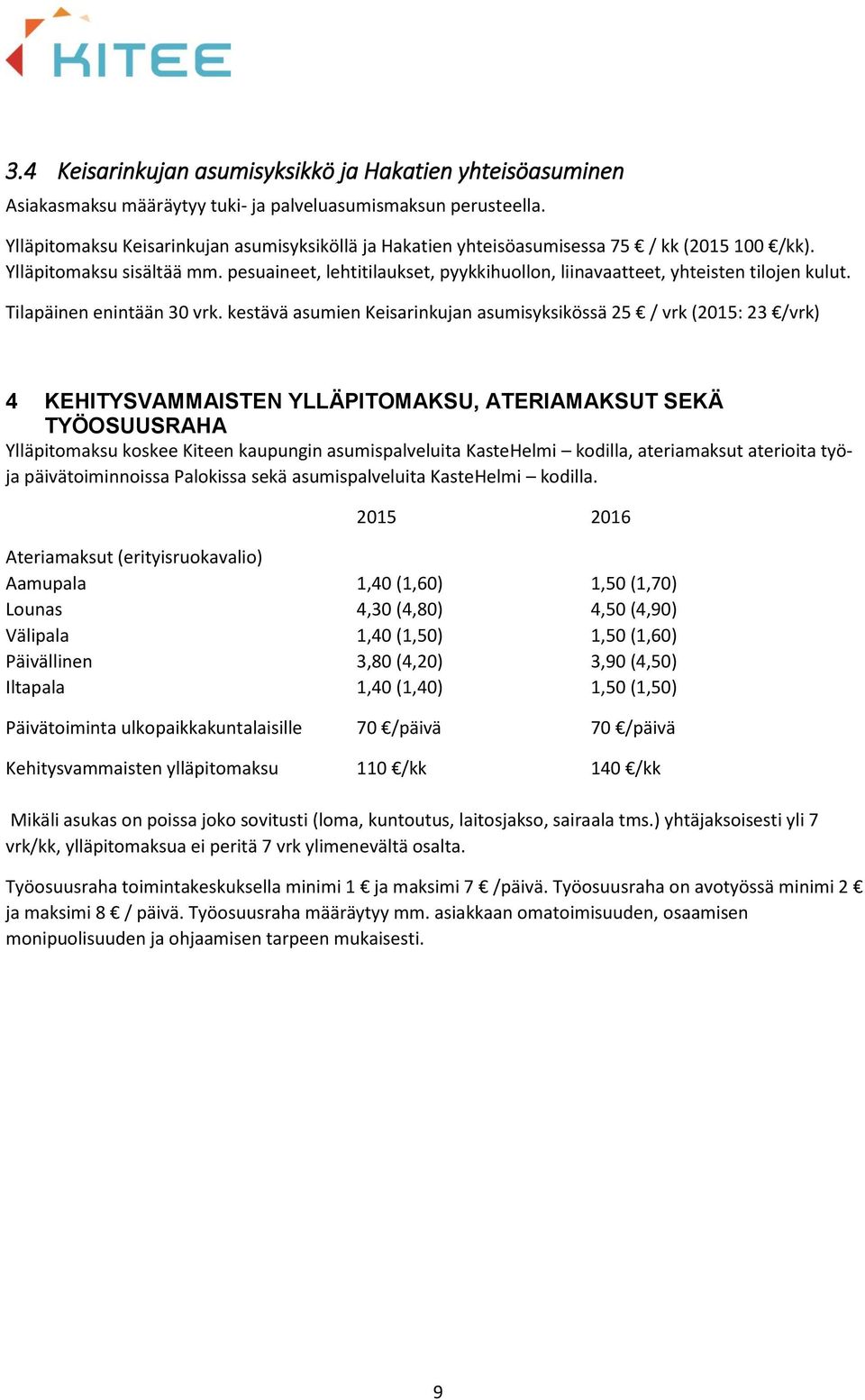 pesuaineet, lehtitilaukset, pyykkihuollon, liinavaatteet, yhteisten tilojen kulut. Tilapäinen enintään 30 vrk.