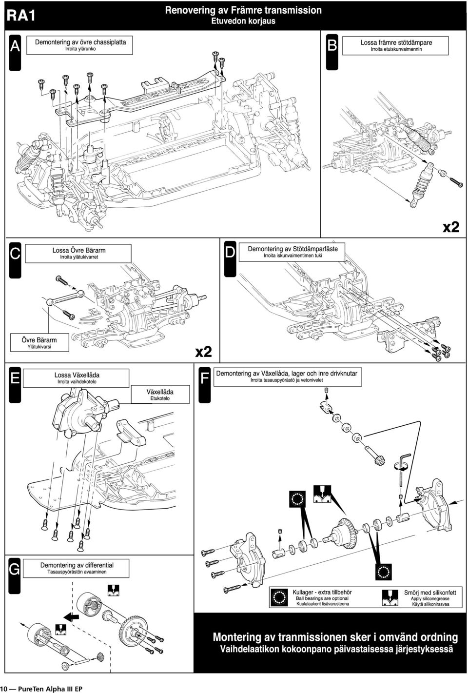 lager och inre drivknutar Irroita tasauspyšršstš ja vetonivelet G Demontering av differential TasauspyšrŠstšn avaaminen Kullager - extra tillbehšr Ball bearings are optional Kuulalaakerit