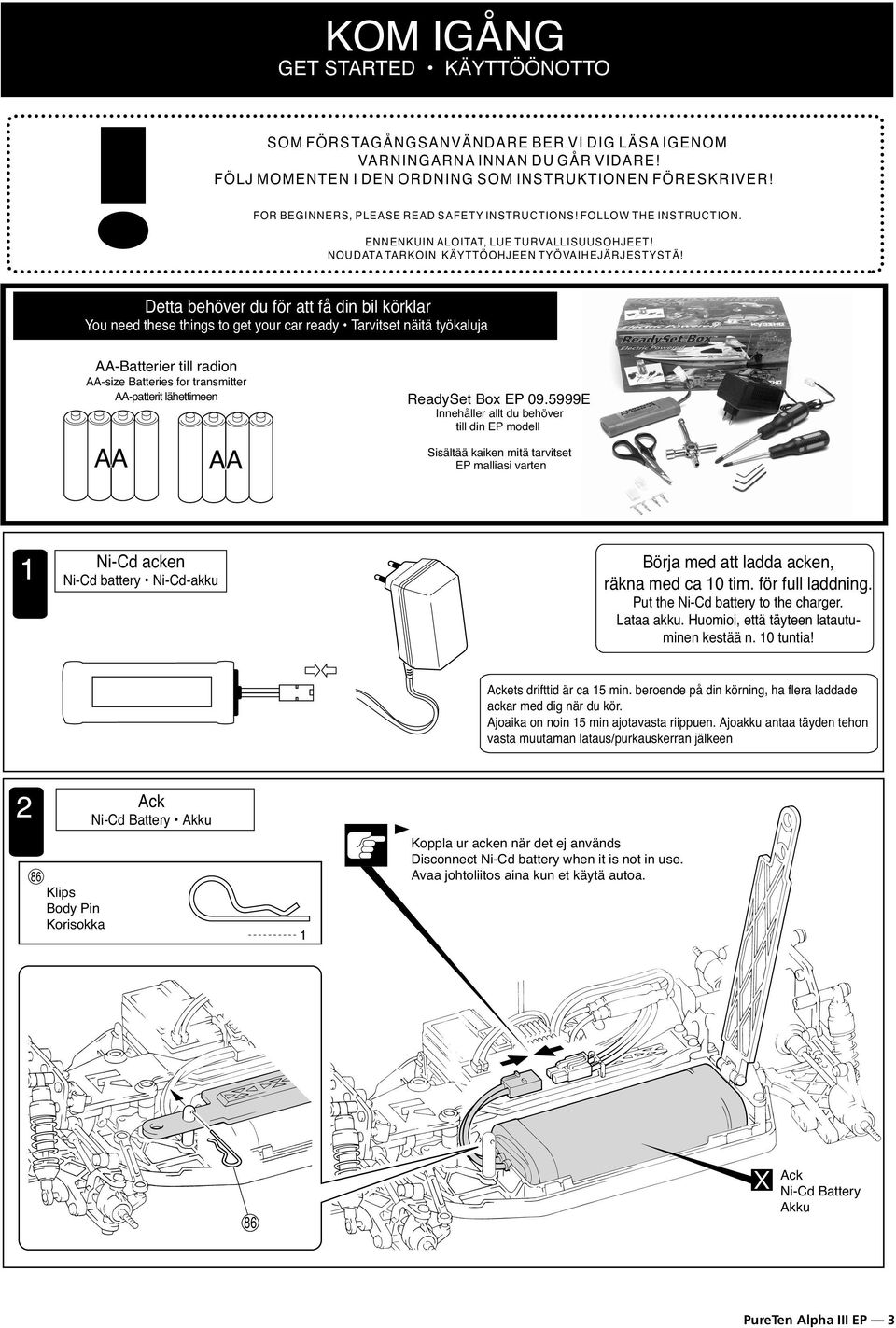 Detta behöver du för att få din bil körklar You need these things to get your car ready Tarvitset näitä työkaluja AA-Batterier till radion AA-size Batteries for transmitter AA-patterit lähettimeen AA