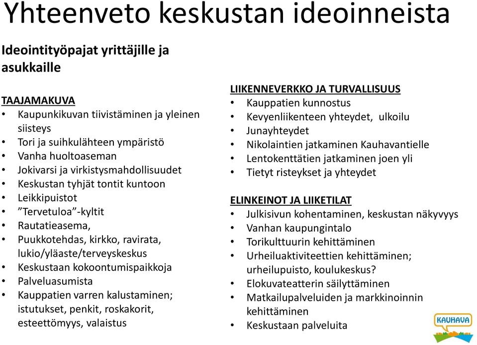 Palveluasumista Kauppatien varren kalustaminen; istutukset, penkit, roskakorit, esteettömyys, valaistus LIIKENNEVERKKO JA TURVALLISUUS Kauppatien kunnostus Kevyenliikenteen yhteydet, ulkoilu