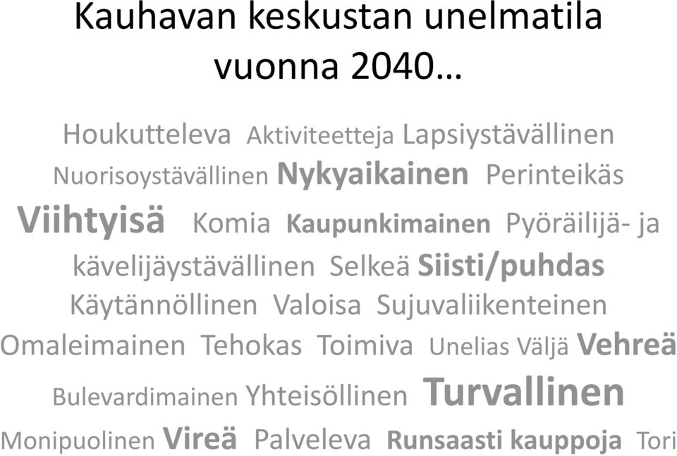 kävelijäystävällinen Selkeä Siisti/puhdas Käytännöllinen Valoisa Sujuvaliikenteinen Omaleimainen
