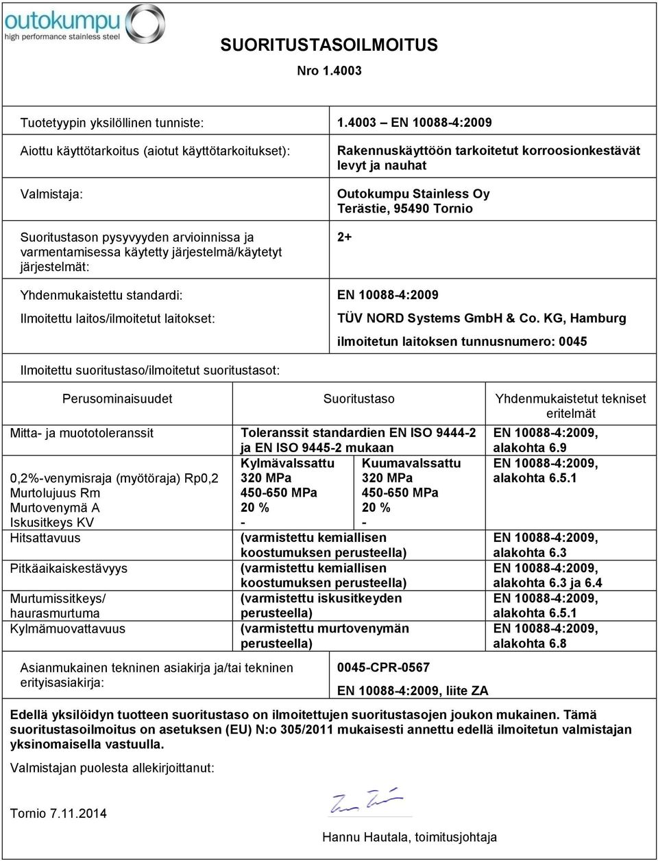 Toleranssit standardien EN ISO 94442 ja EN ISO 94452 mukaan