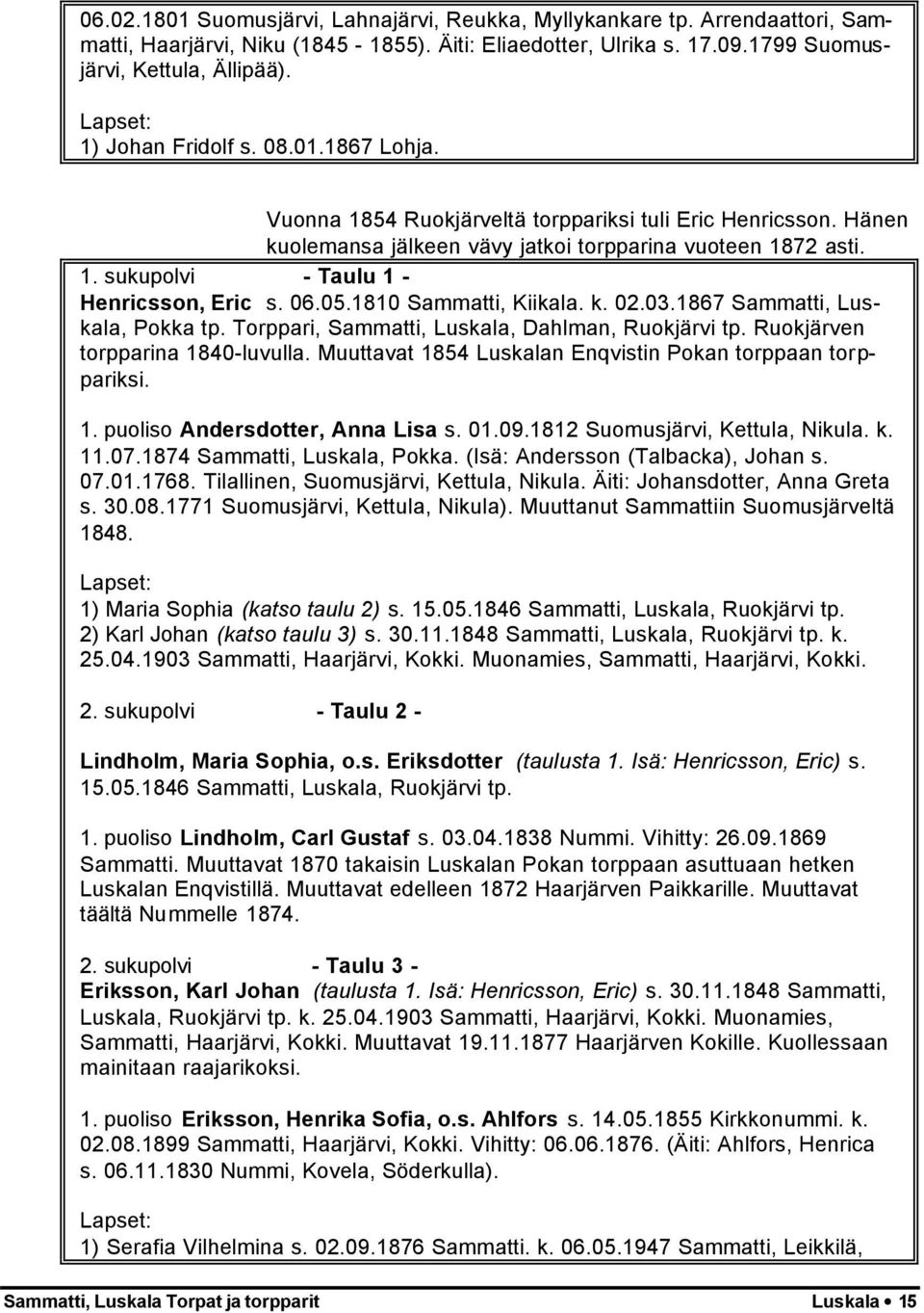 06.05.1810 Sammatti, Kiikala. k. 02.03.1867 Sammatti, Luskala, Pokka tp. Torppari, Sammatti, Luskala, Dahlman, Ruokjärvi tp. Ruokjärven torpparina 1840-luvulla.