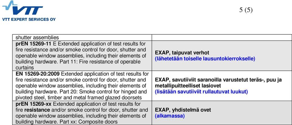 Part 20: Smoke control for hinged and pivoted steel, timber and metal framed glazed doorsets pren 15269-xx Extended application of test results for building